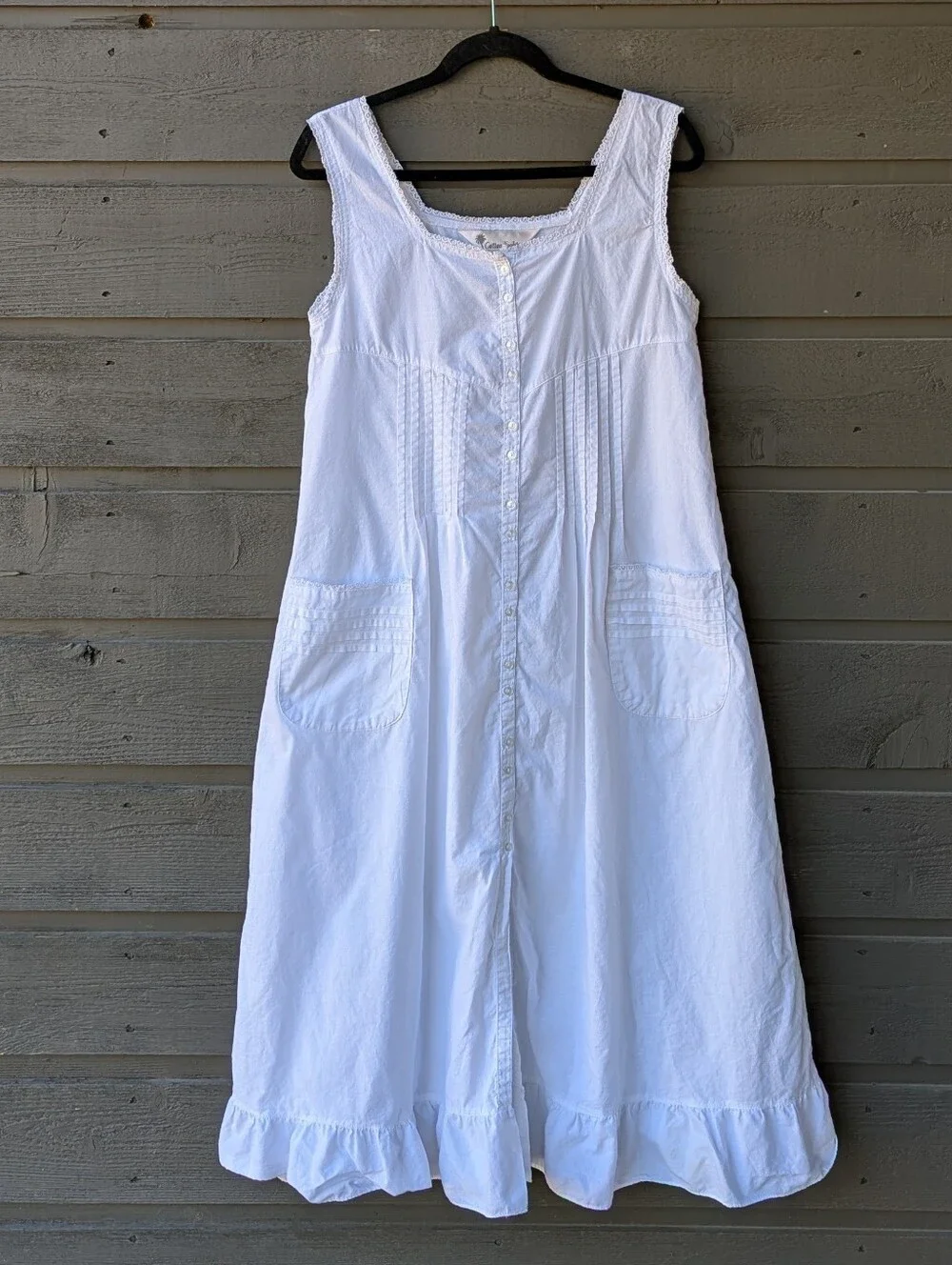 VTG 80s Cotton Knights Long Line White Button Front Nightgown Pockets Small